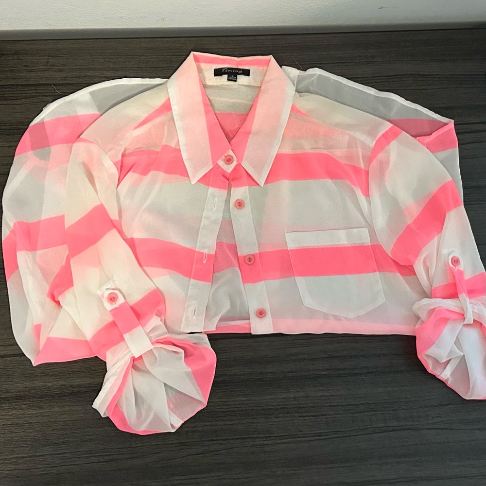 Timing Clear & Pink Striped Long-Sleeve Button Down Top